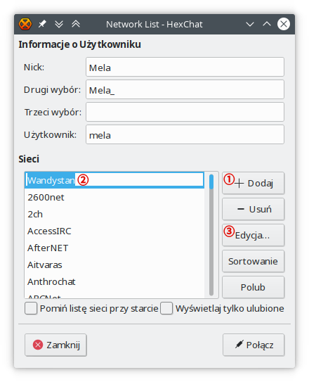Okno listy sieci programu HexChat