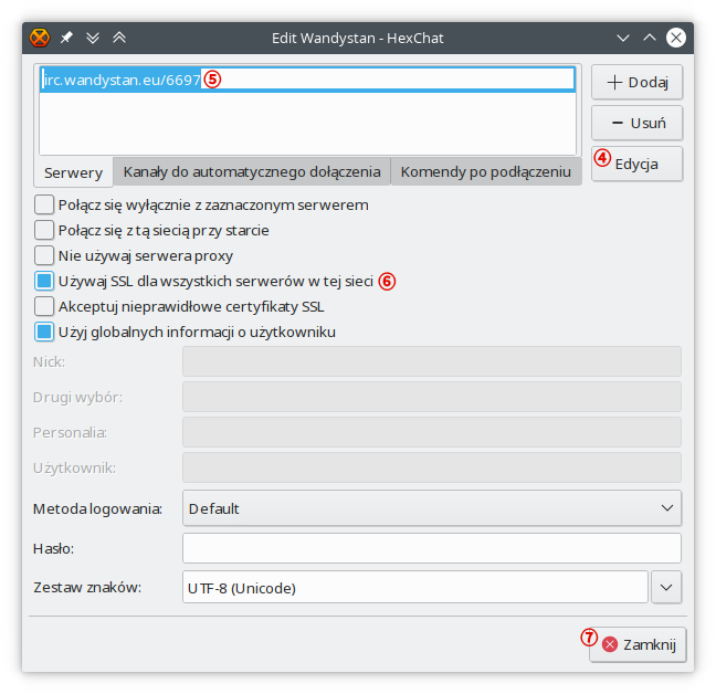Okno edycji ustawień sieci programu HexChat