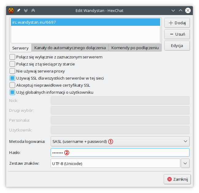 Okno edycji ustawień sieci programu HexChat - konfiguracja logowania