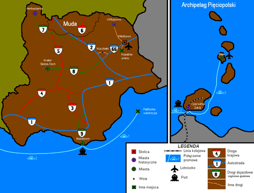 Mapa administracyjno-drogowa obejmująca Archipelag Pięciopolski