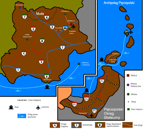 Mapa administracyjno-drogowa obejmująca Pięciopolskę Zachodnią